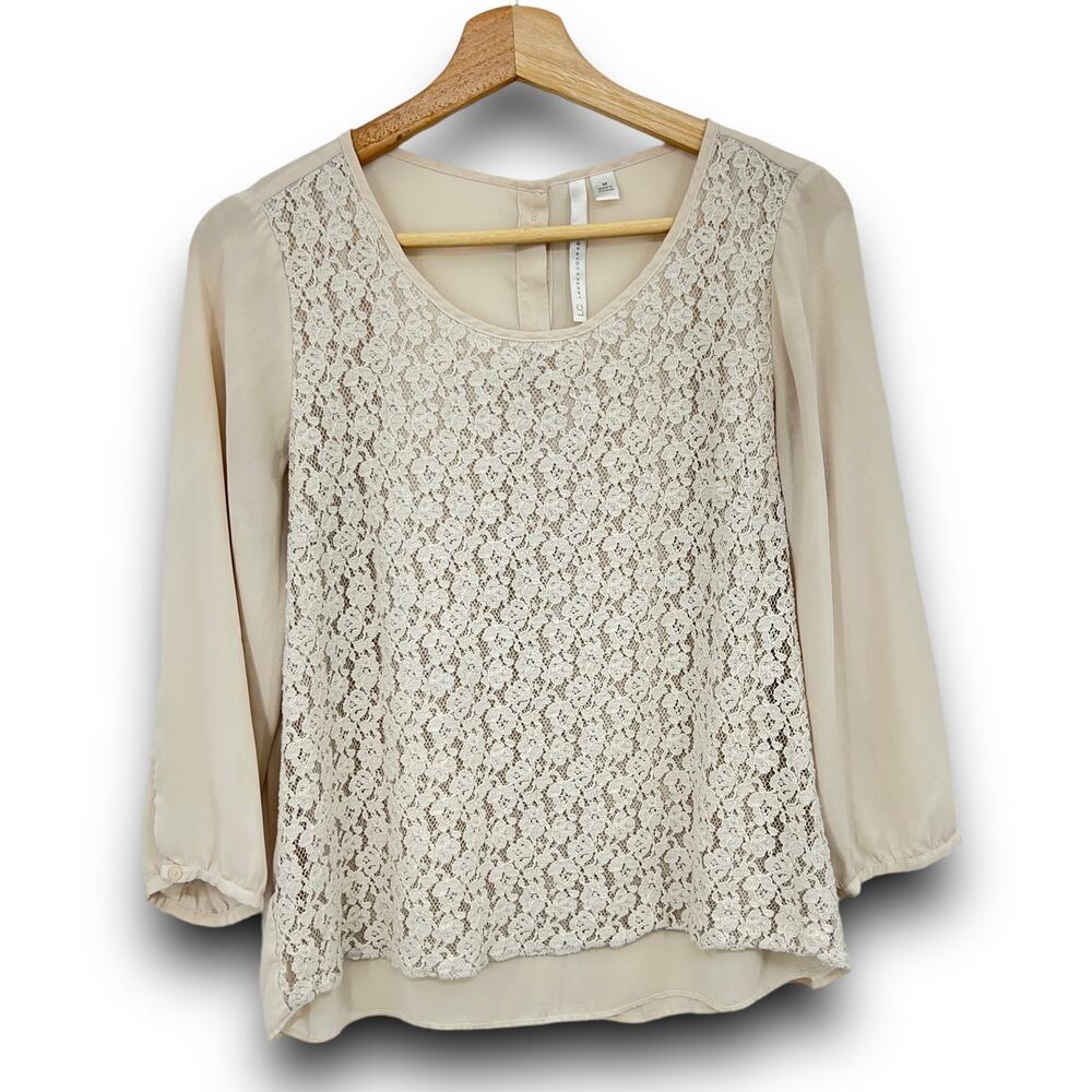 LC Lauren Conrad Medium Cream Chiffon Lace Floral Blouse Balloon Sleeve Top
